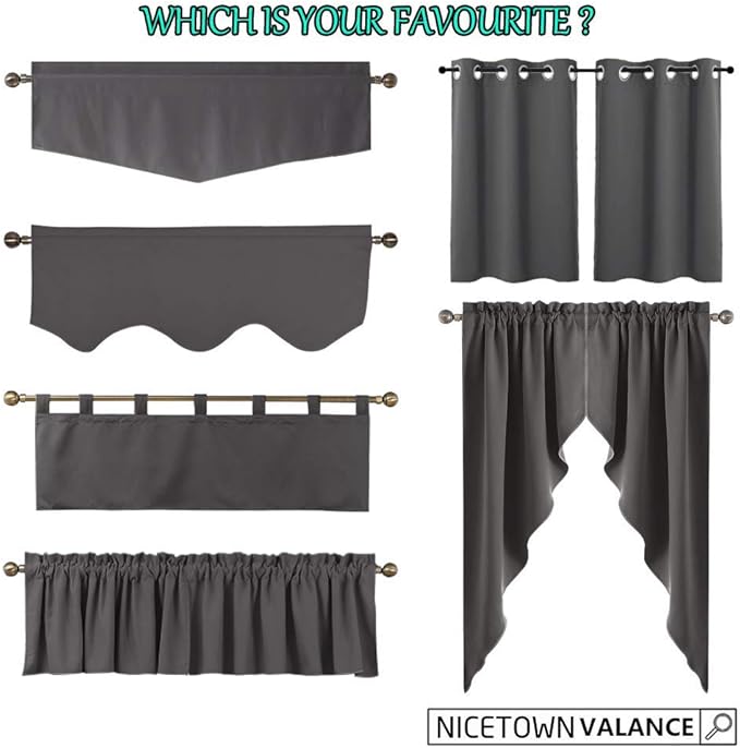 NICETOWN Swag Curtains for Kitchen, Blackout Rod Pocket Small Window Tiers Tailored Scalloped Valances for Bedroom (Set of 2, 36 inches by 36 inches Each Panel, Silver Grey)