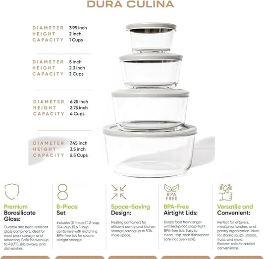 DURA LIVING 8-Piece Glass Food Storage Containers Set (4 Containers + 4 Lids) | Round, Nesting, Microwave & Dishwasher Safe | BPA-Free, Space-Saving | Grey Lids for Pantry & Kitchen Organization