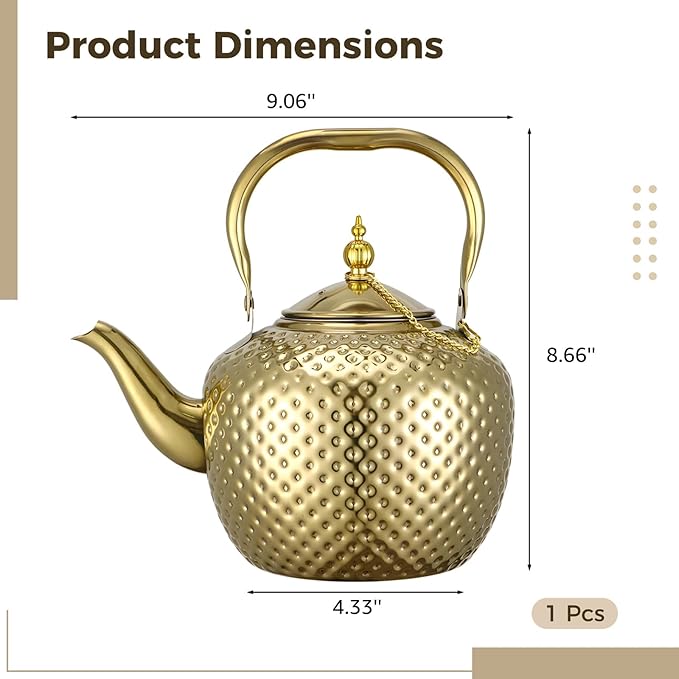 2000ml Tea Kettle, Stainless Steel Teapot with Infuser, Hammered Finish, Curved Spout, Decorative Water Kettle, Gold