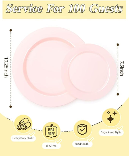BESTSTAR 200PCS Pink Plastic Plates Set, 100 10.25 inch Dinner Plates and 100 7.5 inch Dessert Plates, Premium Disposable Plates for Party, Wedding