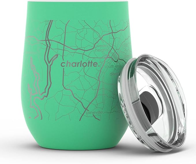 Well Told Engraved Charlotte North Carolina Map Insulated Wine Tumbler, Etched Stainless Steel Cup (12 oz, Sunday Green) City Map Insulated Tumbler, Custom Insulated Tumbler, Outdoor Drinkware