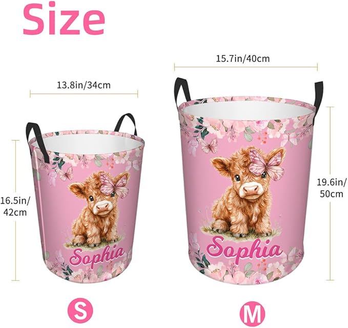 callie Personalized Highland Cow Laundry Basket for Kids Girls, Waterproof Collapsible Laundry Hamper, Clothes Toys Storage Bin for Bedroom (13.8" x 16.5", 15.7" x 19.6")