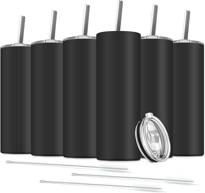 6 Pack Stainless Steel Skinny Tumbler, 20 OZ Double-Insulated Water Tumbler Cup with 6 Straw and 3 Brush, Vacuum Travel Mug Gift for Hot Cold Drinks with Cleaning(Black)
