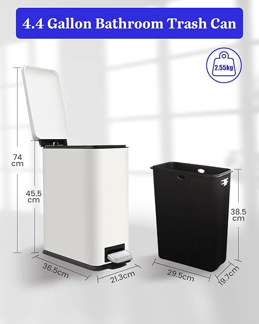 Large Bathroom Trash Can, 16.7L/ 4.4 Gallon Trash Can with Removable Wastebasket, Hand Free Garbage Can with Soft close Lid, Stainless Steel Skinny Trash Bin for Bedroom, Home Office, White