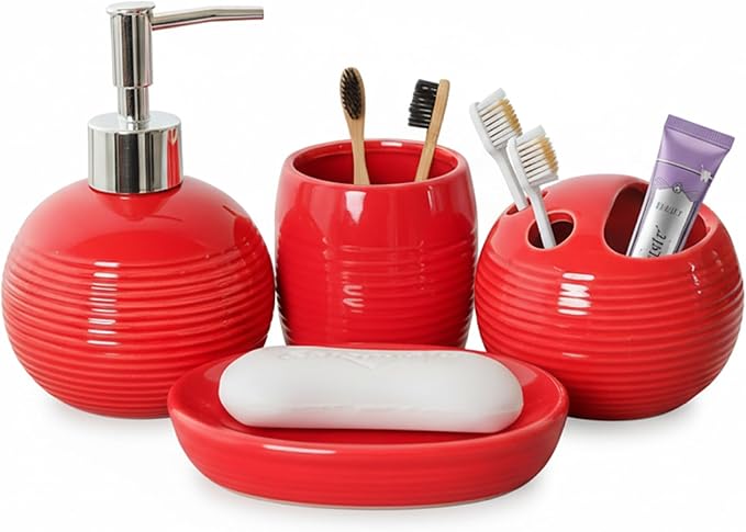 4Pcs Red Bathroom Accessories, Modern Ceramic Bathroom Accessories Set Includes Soap Dispenser, Toothbrush Holder, Tumbler and Soap Dish for Home Apartment, Red Toothbrush Holder