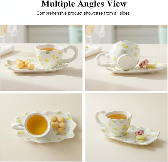 Unique Ceramic Coffee Mug, Cup and Saucer Set, Cute Fancy Girly Afternoon Tea Set Purse Gift, 5.4 oz/160 ml Yellow flowers