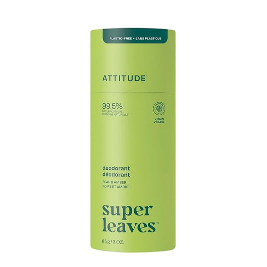 ATTITUDE Plastic-Free Deodorant, EWG Verified, Aluminum Free, Vegan Naturally Sourced Body Deodorants for Women & Men, Dermatologically Tested, Olive Leaves, 3 Ounces