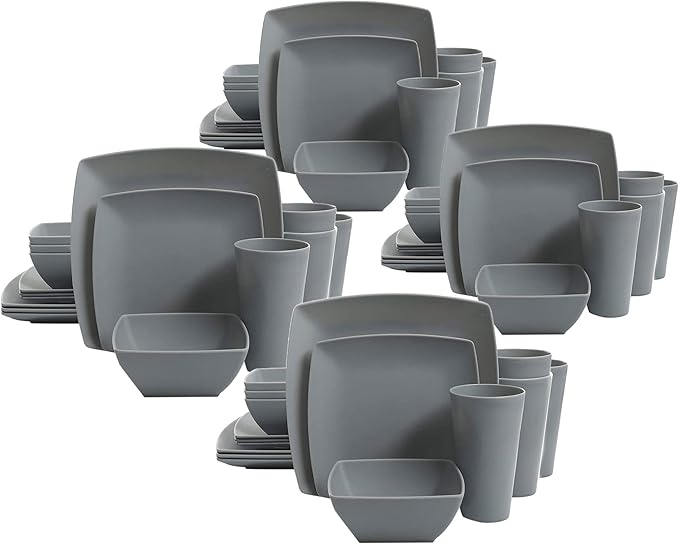 Gibson 99897.16R Home Soho Grayson Square Melamine Everyday 16 Pc Reactive Glaze Dinnerware Set Plates, Bowls, & Cups, Dishwasher Safe, Grey (4 Pack)
