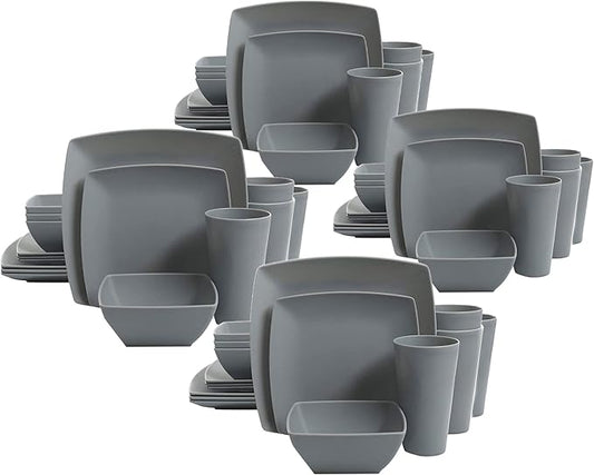 Gibson 99897.16R Home Soho Grayson Square Melamine Everyday 16 Pc Reactive Glaze Dinnerware Set Plates, Bowls, & Cups, Dishwasher Safe, Grey (4 Pack)