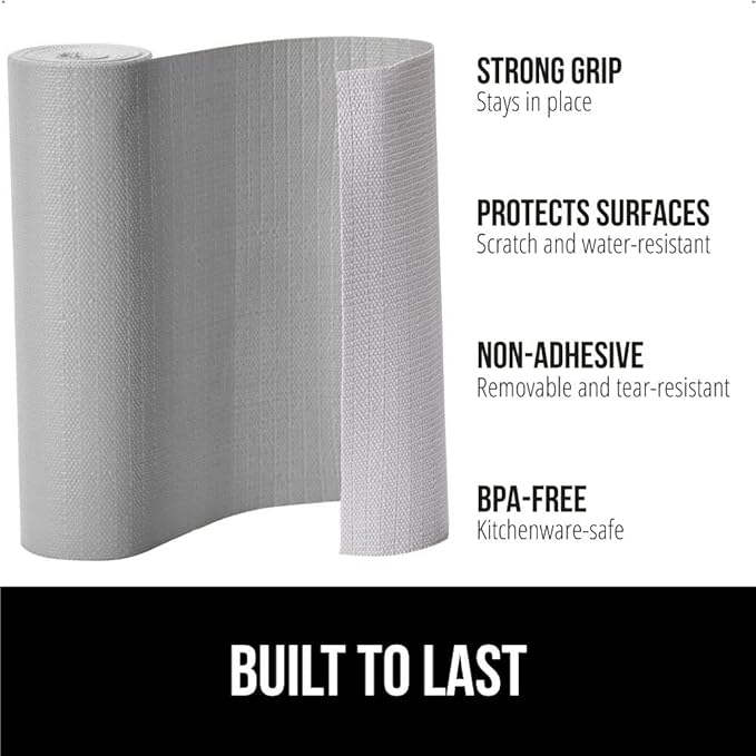 GORILLA GRIP Slip Resistant Drawer and Shelf Liner 2 Pack, Non Adhesive Water Resistant, Easy Clean and Trim, Smooth Surface Liners for Kitchen Cabinet Shelves Drawers Pantry 17.5IN x 20FT, Light Gray