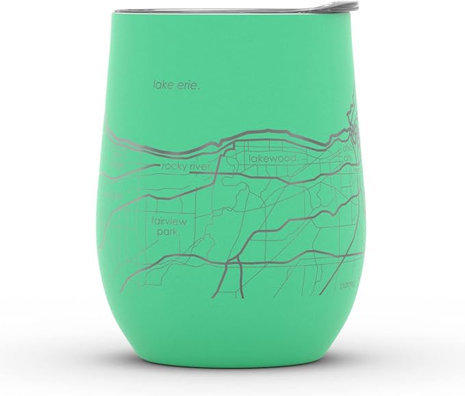 Well Told Engraved Cleveland Ohio Map Insulated Wine Tumbler, Etched Stainless Steel Cup (12 oz, Sunday Green) City Map Insulated Tumbler, Custom Insulated Tumbler, Outdoor Drinkware