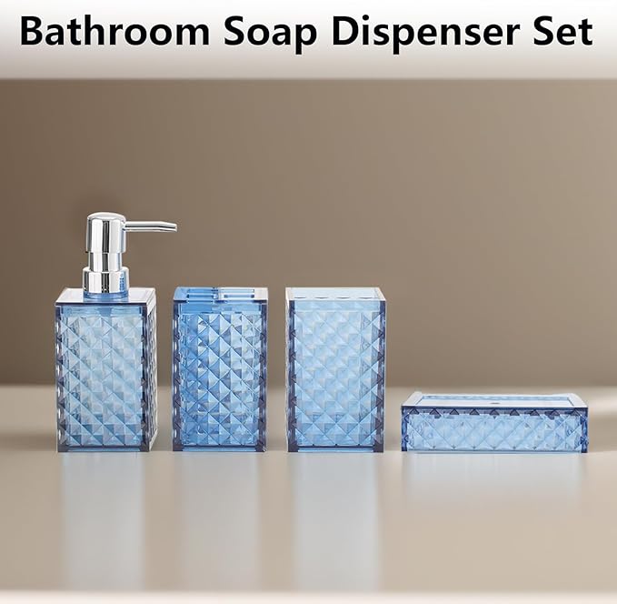 Bathroom Accessories Set 4-Piece Plastic Gift Set with Toothbrush Holder, Toothbrush Cup, Soap Dispenser, Soap Dish(Dark Blue)