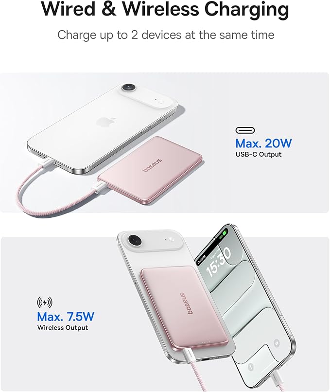 Baseus Picogo Power Bank, 0.3" Ultra Slim 5000mAh MagSafe Battery Pack, Upgraded Polished Alloy Magnetic Portable Charger, Wireless Charger with USB-C Cable for iPhone 17 Pro Max/17 Air/16/15/14/13/12