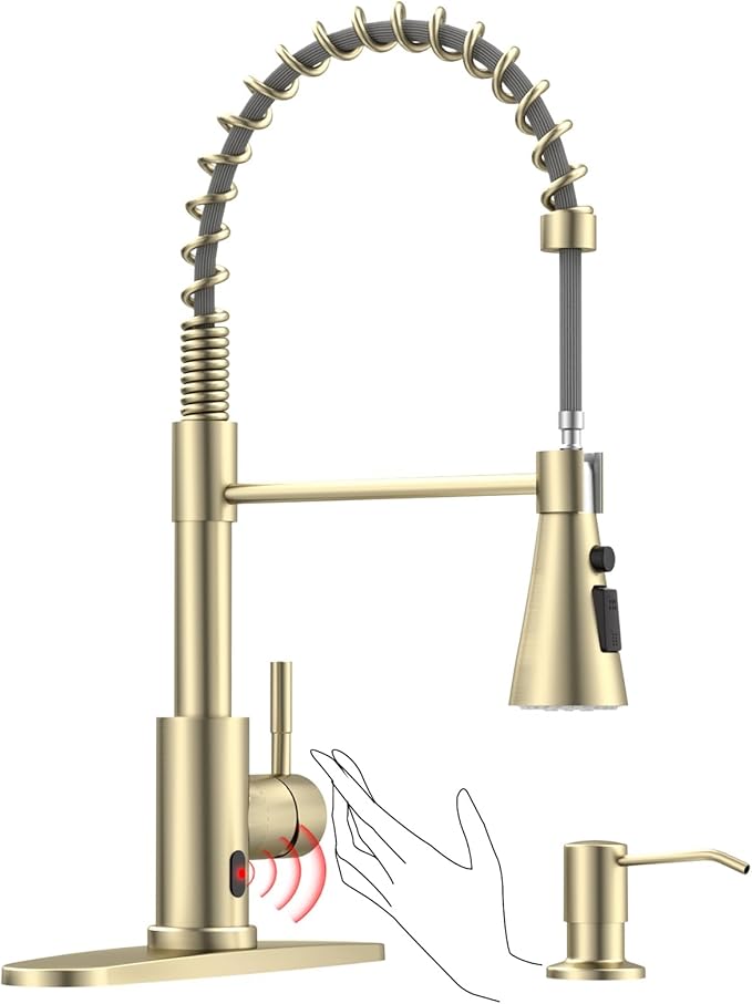 DAYONE Brushed Gold Touchless Kitchen Sink Faucets with Soap Dispenser, Pull Down Smart Hands-Free Spring Faucet for Kitchen Sink Motion Sensor Touch Faucet High Arc