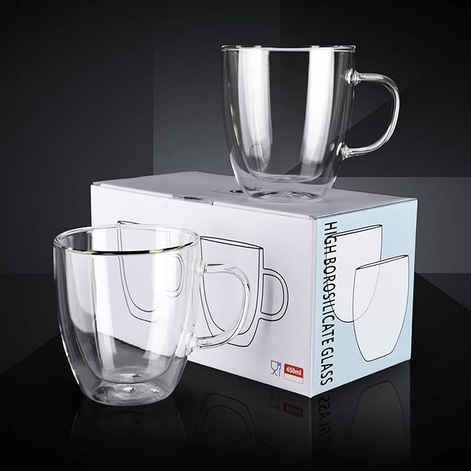 Double Wall Glass Coffee Mugs 350ml / 12oz – Set of 2 Insulated Clear Cups for Espresso, Latte, Cappuccino, Tea, Hot or Cold Drinks (15oz set of 2)