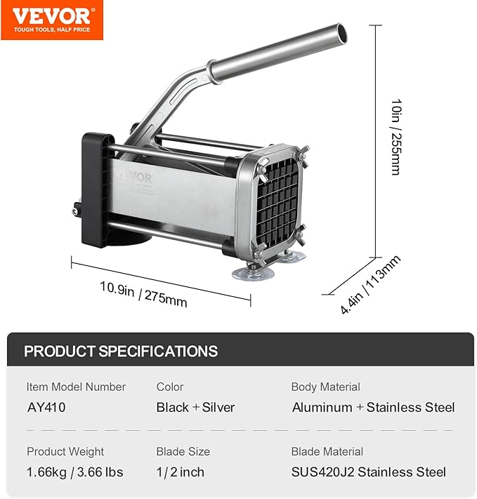 VEVOR French Fry Cutter, Potato Slicer with 1/2-Inch Stainless Steel Blade, Manual Potato Cutter Chopper with Suction Cups, Great for Potato, French Fries, Cucumber, Vegetables, Carrot