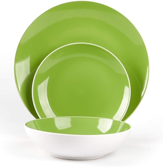Stoneware Coupe Shape Dinnerware Set, Outside White + Inside Bamboo Color