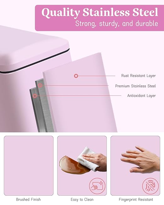 16.7L/ 4.4 Gallon Rectangular Slim Kitchen Trash Can with Removable Inner Bucket, Soft Close lid, Stainless Steel Step Pedal Garbage Can for Bathroom, Kitchen, Home Office, Pink