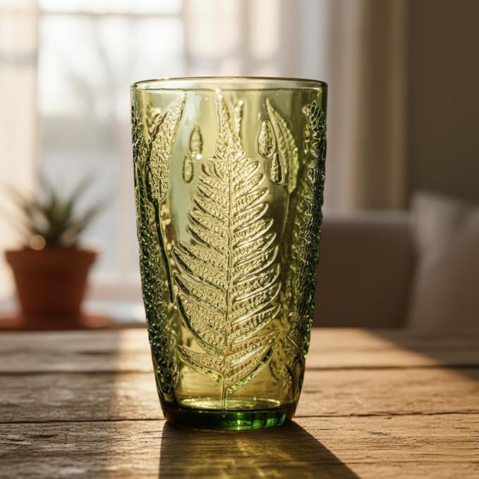 Vintage Green Drinking Glasses Set of 4 – 16 oz Hand-Blown Glass Tumblers, Heavy Textured Highball Cups, Antique-Style Colored Glassware, Retro Boho Aesthetic Drinkware – Unique Housewarming Gift