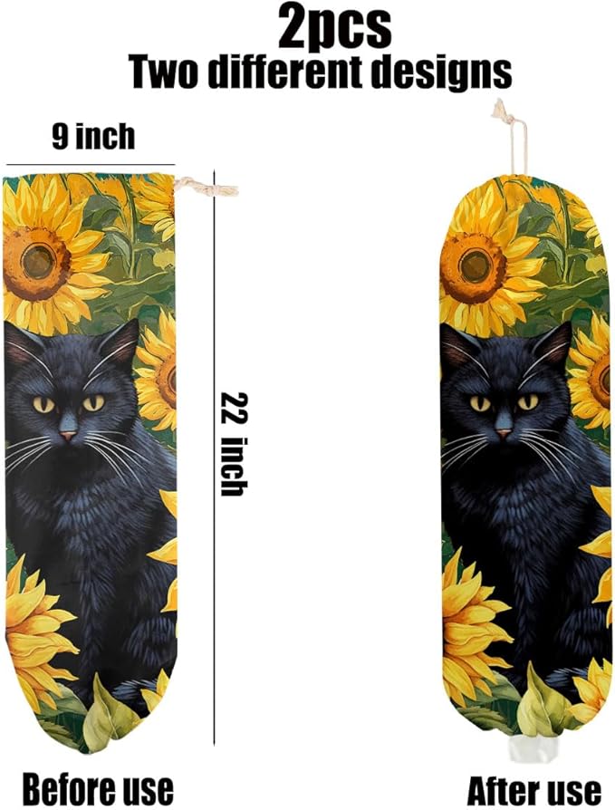 2 Pcs Cat Gifts Plastic Bag Holder, Wall Mount Grocery Bag Holder for Plastic Bags, Flower Reusable Grocery Bags Storage Dispenser for Home Kitchen Pantry Decor, Funny Cats Gifts for Women Cat Lovers