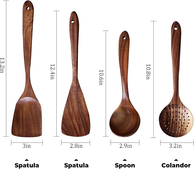 Wooden Spoons for Cooking, 4 Pcs Wooden Natural Teak Wood Spatulas Spoon, Nonstick Kitchen Utensil Set