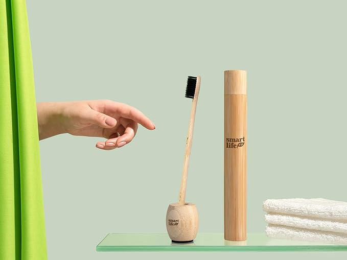 Bamboo Charcoal Toothbrushes (4 Pack) with Travel Case & Stand - Extra Soft Bristles for Adults & Kids Teeth | Zero Waste Travel Toothbrush Kit | Natural Eco-Friendly Wooden Brush Holder Cover