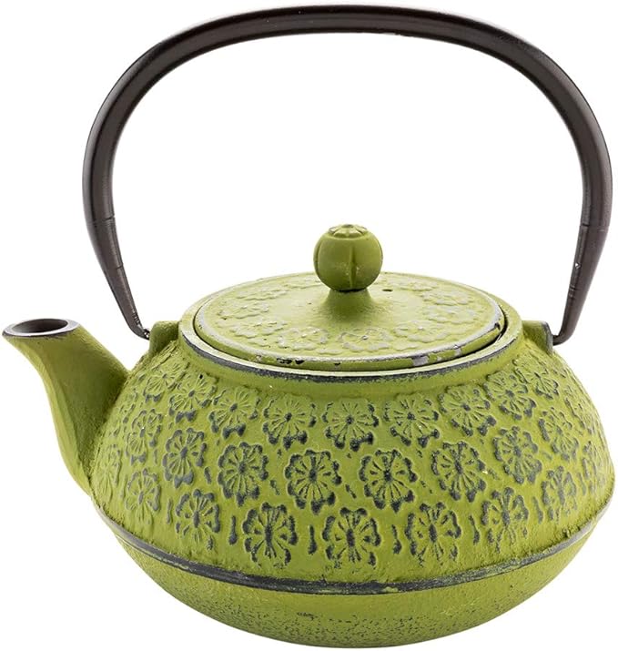Restaurantware-30 Ounce Japanese Teapot, 1 Enamel Coated Japanese Tea Kettle - Cherry Blossom Design, Includes Mesh Strainer, Green Cast Iron Primitive Kettle, For Teabags And Loose Leaf Tea