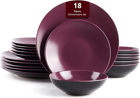Stoneware Two-Tone Colors Life 18pc Dinner Set，Outside Shiny Black + Inside Matte Glaze Plum