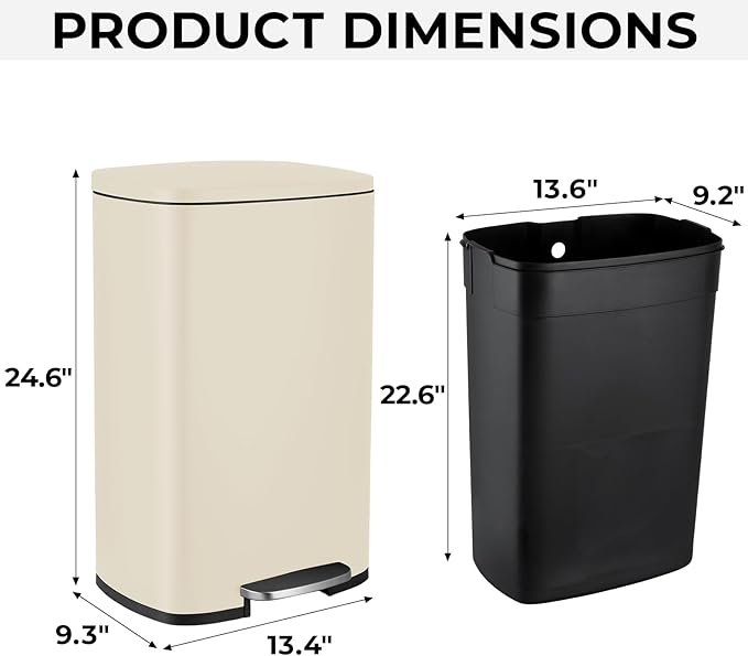 8 Gal Kitchen Trash Can, 30L Recycling or Garbage Bin, Brushed Stainless Steel Waste Basket, Soft&Quiet Close Dustbin, with Step-On Pedal, Removable Inner Bucket, for Home, Office, Living Room