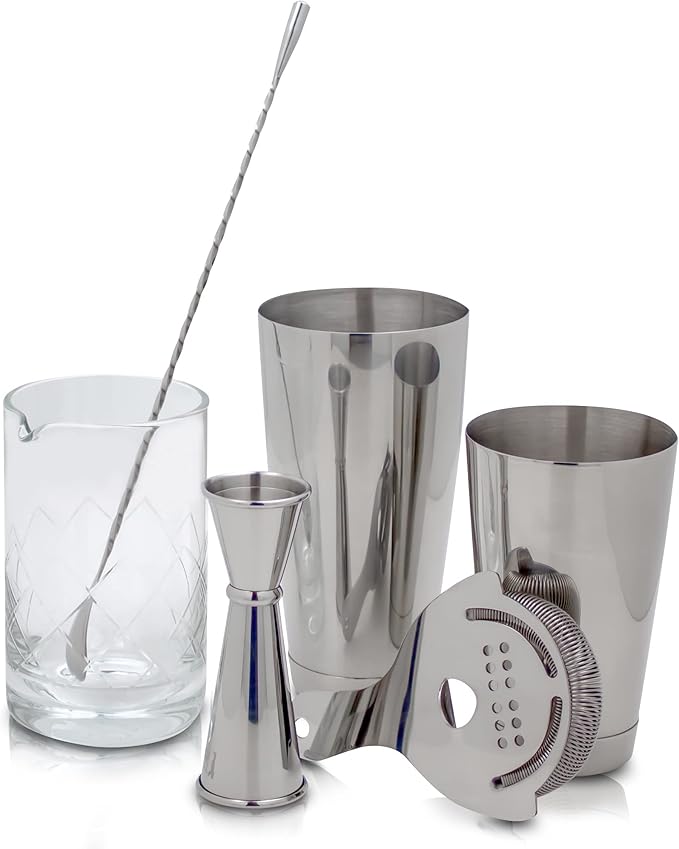 Professional Bartending Set for Shaken and Stirred Drinks: Boston Cocktail Shaker, Hawthorne Strainer, Japanese Jigger, Bar Spoon and Crystal Mixing Glass
