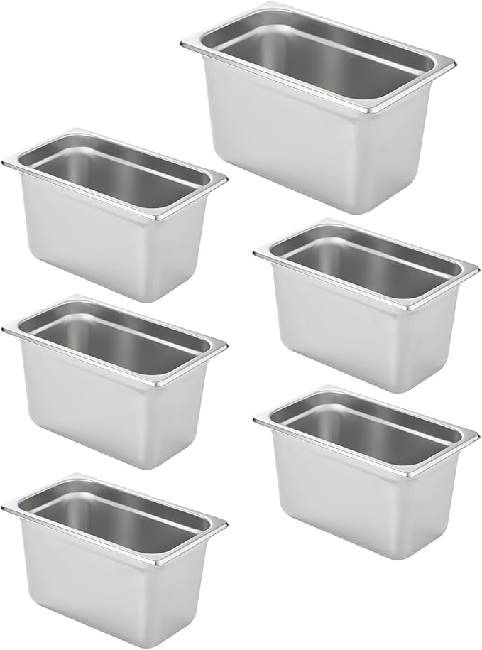 HECMAC 6 Pack Anti-Jam Hotel Pans, 1/4 Size 6 Inch Deep, Commercial Stainless Steel Chafing Steam Table Pan, Catering Storage Metal Food Pan