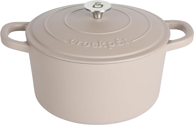 Crock-Pot Artisan 5-Quart Round Cast Iron Dutch Oven with Lid – Matte Dusty Pink, Durable Oven Safe Cookware