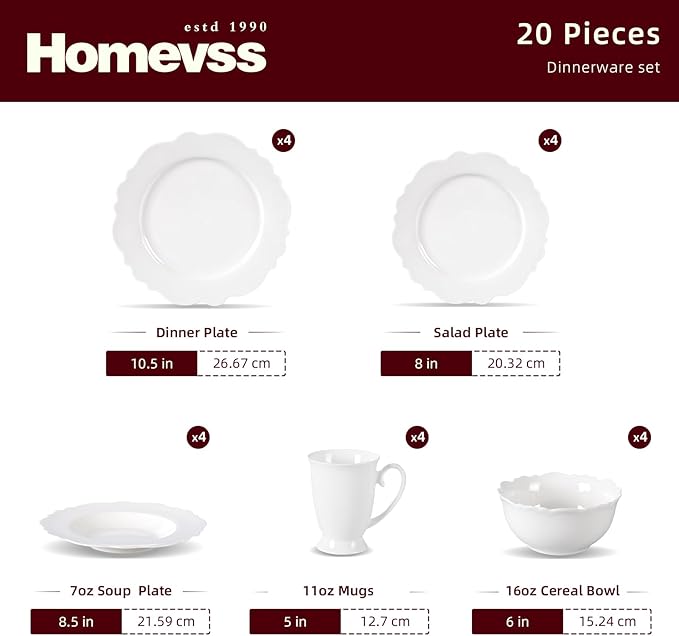 HomeVss, New Bone China Dinnerware Set Embossed Winds, Service for 4-20pc Set