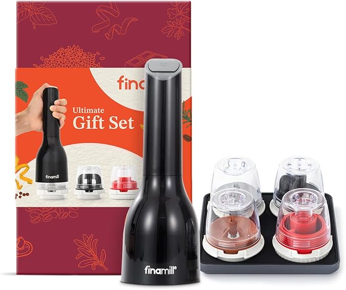 FinaMill Ultimate Gift Set – Battery Operated Spice Mill with 4 Interchangeable Spice Pods & Slate Quartet Stackable Tray, Adjustable Coarseness, Ceramic Grinder, LED Light, Easy One-Handed Operation