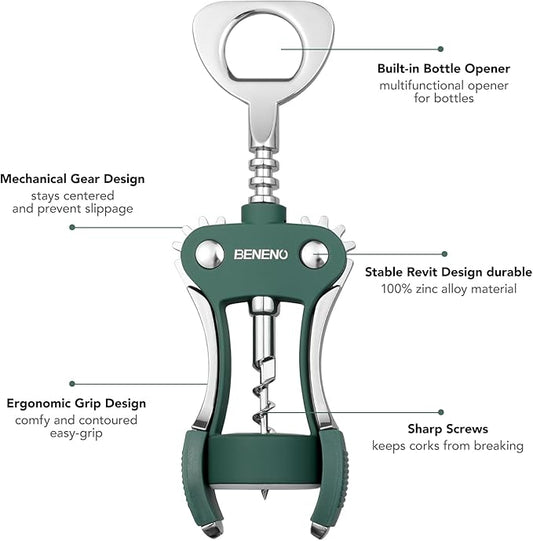 Beneno Wine Opener, Zinc Alloy Premium Wing Corkscrew with Multifunctional Bottles Opener, Sharp Wine Corkscrew with Ergonomic Non-Slip Wing Handle, Dark Green