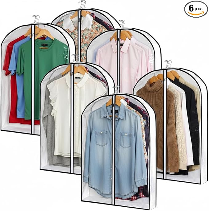 Hanging Clothes Storage with 4" Gusseted Garment Covers (Set of 6) - Clear Suit, Sweater, Shirt, Jacket Protectors for Closet - 24"x 32"x 4" / 6 Pack