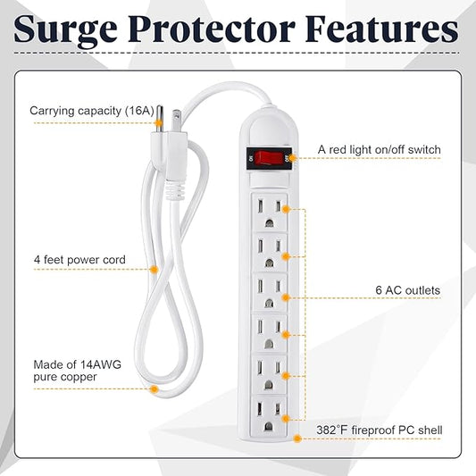 Hoteam 10 Pcs Power Strip Bulk 6 Outlet Surge Protector Power Cord Electrical Extension Cord with Switch Low Profile Plug Flat for Home Office(4 ft,White)