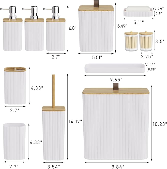 Bathroom Accessory Set - White Bathroom Set, 12PC Bathroom Accessories Set, White Bathroom Accessories Set, Mini Trash Can, Toilet Brush, Trash Can & Soap Dispenser