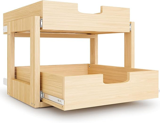 Pull Out Cabinet Organizer, 26''W×21''D×16''H Soft Close Slide Out Wooden Pull out Drawers, Double Tier Slide out Wood Cabinet Organizer, for Base Cabinet Organization in Kitchen, Pantry, Bathroom