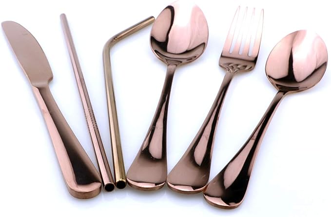 Gugrida Rose Gold Reusable Utensils with Case, Healthy & Eco-Friendly 8 Pieces Portable Stainless Steel Flatware Tableware Dinnerware Set, Portable Travel Camping Cutlery Knife Fork Spoon Straws Set