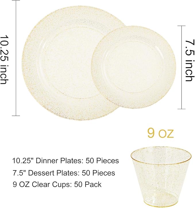 DaYammi 350 Pieces Gold Glitter Dinnerware Set 50 Guest for Party Christmas Plates Disposable - 50 Dinner Plates, 50 Dessert Platos -50 Per Rolled Napkins with Gold Cutlery -50 Disposable Cups 9 OZ