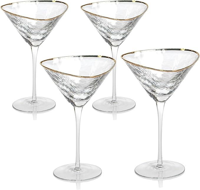 Bec's Designs Martini Glasses Set of 4 – Hand‑Hammered Triangular Design with Gold Rim – Elegant Crystal Cocktail Glassware for Parties, Gifts & Home Bar