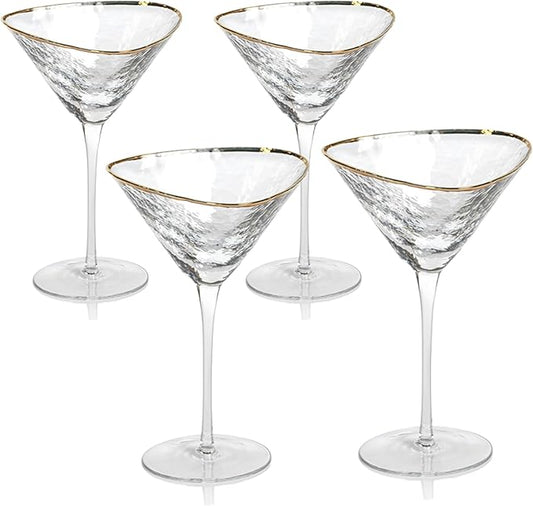 Bec's Designs Martini Glasses Set of 4 – Hand‑Hammered Triangular Design with Gold Rim – Elegant Crystal Cocktail Glassware for Parties, Gifts & Home Bar