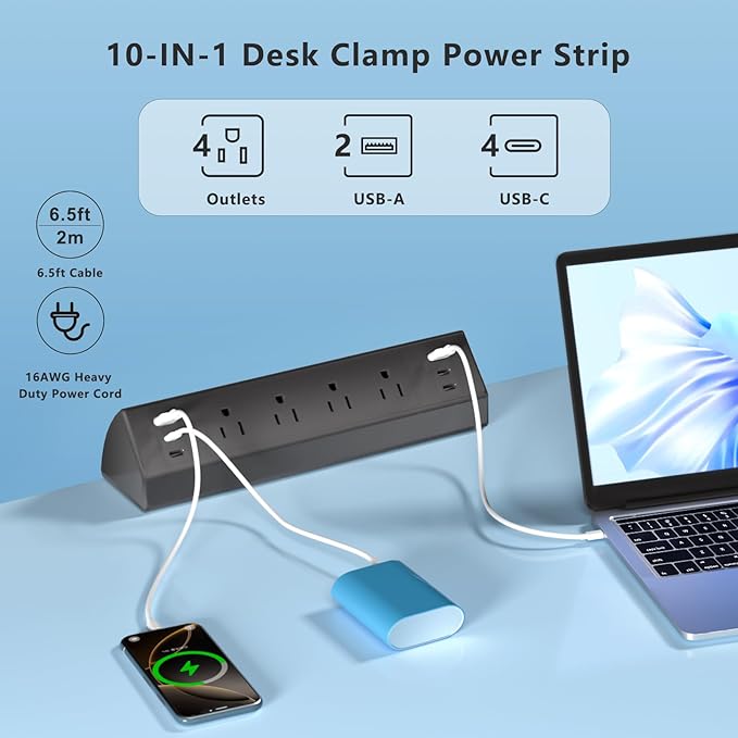 Desk Clamp Power Strip with 40W Total Fast Charging Station, 4 PD 20W USB C Ports, 4 AC Outlets, 1875W Surge Protectors, 6.5 FT Flat Plug Desk Clamp Power Strip Fit 1.9" Tabletop Edge