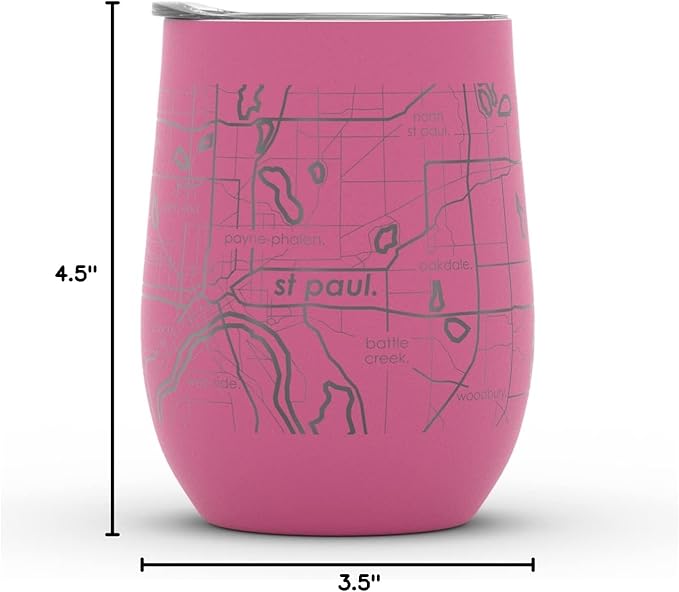 Well Told Engraved Minneapolis Minnesota Map Insulated Wine Tumbler, Etched Stainless Steel Cup (12 oz, Sunset Pink) City Map Insulated Tumbler, Custom Insulated Tumbler, Outdoor Drinkware