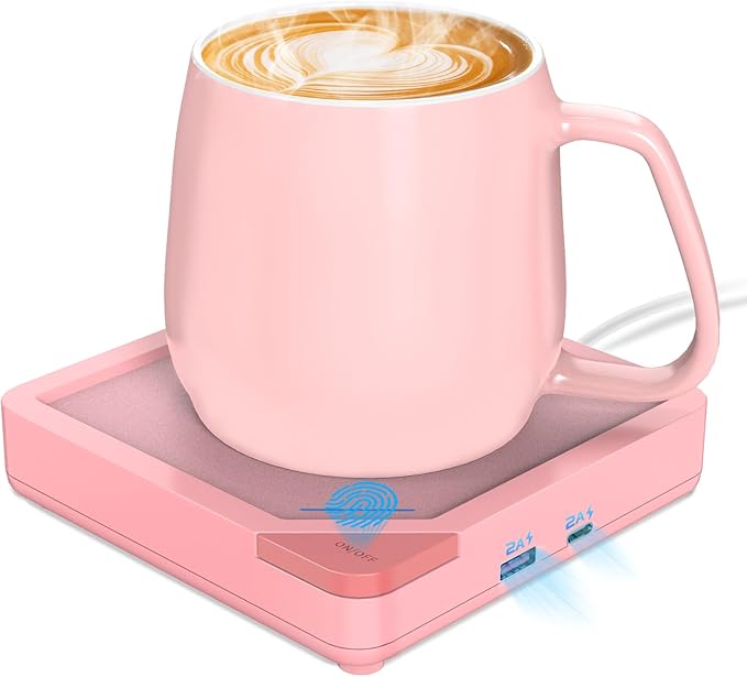 Coffee Mug Warmer Set: Coffee Warmer for Desk Auto Shut Off Candle Warmer Plate Electric Beverage Coffee Cup Warmer Heated Coffee Mug for Coffee,Tea, Milk Up to 131°F/55°C (Light Pink)