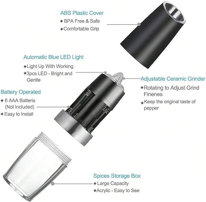 Gravity Electric Salt and Pepper Grinder Set - 1 Pack Automatic Mills with Adjustable Coarseness, LED Light, Battery Powered, One-Handed Use (Black) (Black Single Pack (Includes Cleaning Brush))