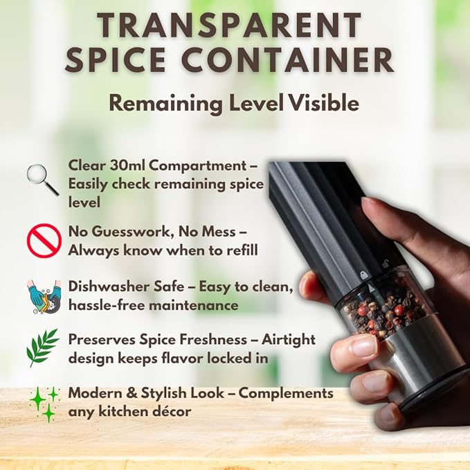 Electric Automatic Salt and Pepper, Rechargeable Grinder Mill, LED Light, One-Hand Operation, Adjustable Coarseness, USB-C Charging, ABS & Stainless Steel, Stand Included.