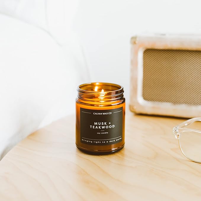 Calyan Wax Co. Musk & Teakwood Scented Candle - 57 Hour Burn - Luxury Non Toxic Soy Wax Candles - Long Lasting Amber Glass Jar Candle for Home - 7.2oz