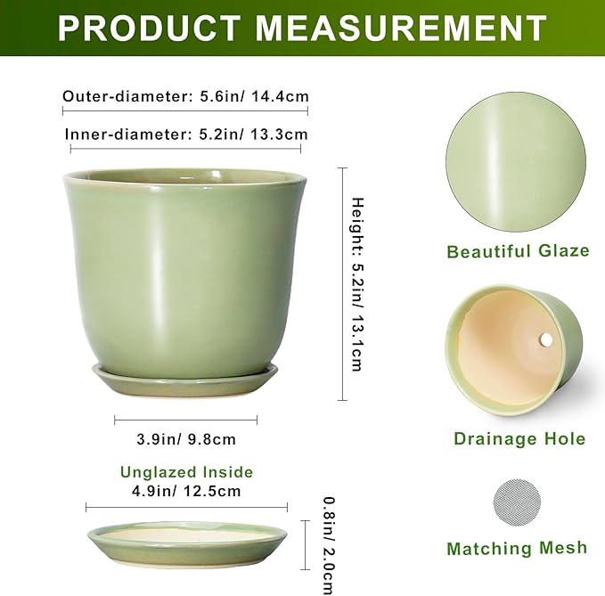 5.6 Inch Plant Pot - Ceramic Pots for Plants Indoor Outdoor, Round Orchid Succulent Pot with Drainage Hole and Saucer, Modern Small Planter, Home Room Window Decor, Plants Lover Gift, Green